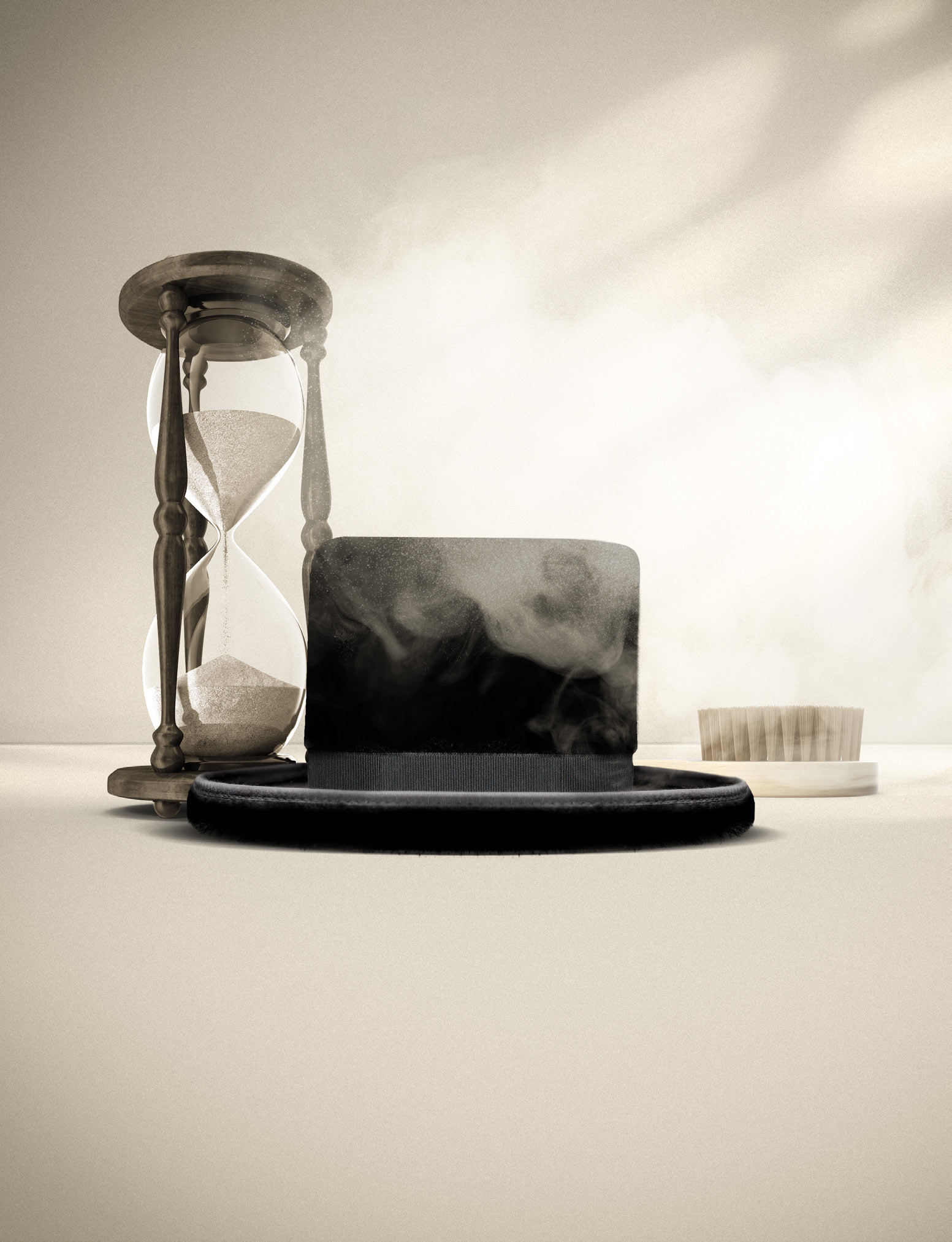 A black Hasidic hat, hourglass, and hat brush from Belmonti and Cordova’s hat-care campaign